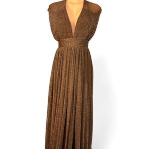 Miss Ord Bronze Metallic Pleated Deep V-Neck Maxi Dress Formal Gown‎ Size S NWT